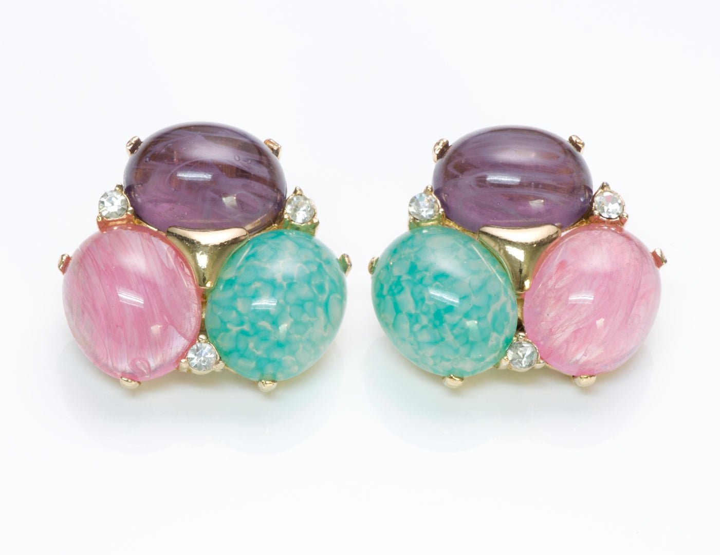 Ciner Green Pink Purple Cabochon Glass Earrings - DSF Antique Jewelry