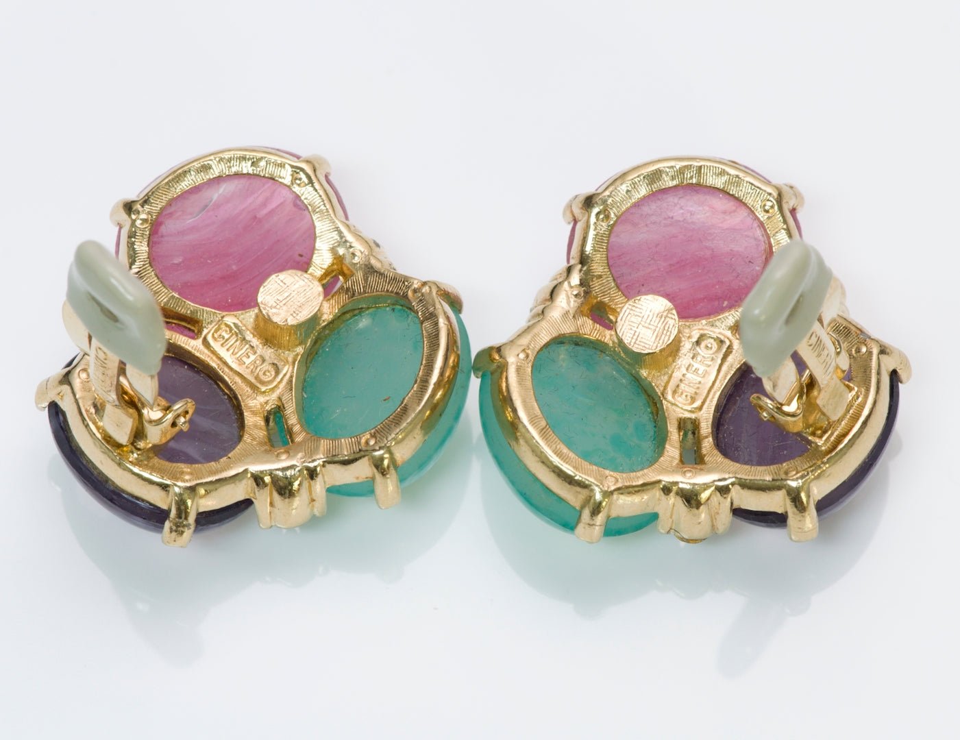 Ciner Green Pink Purple Cabochon Glass Earrings
