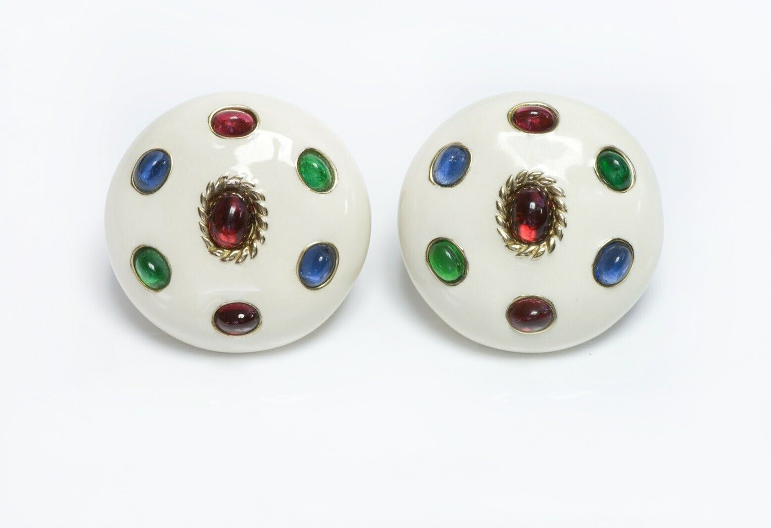 CINER White Enamel Red Green Blue Cabochon Glass Round Earrings