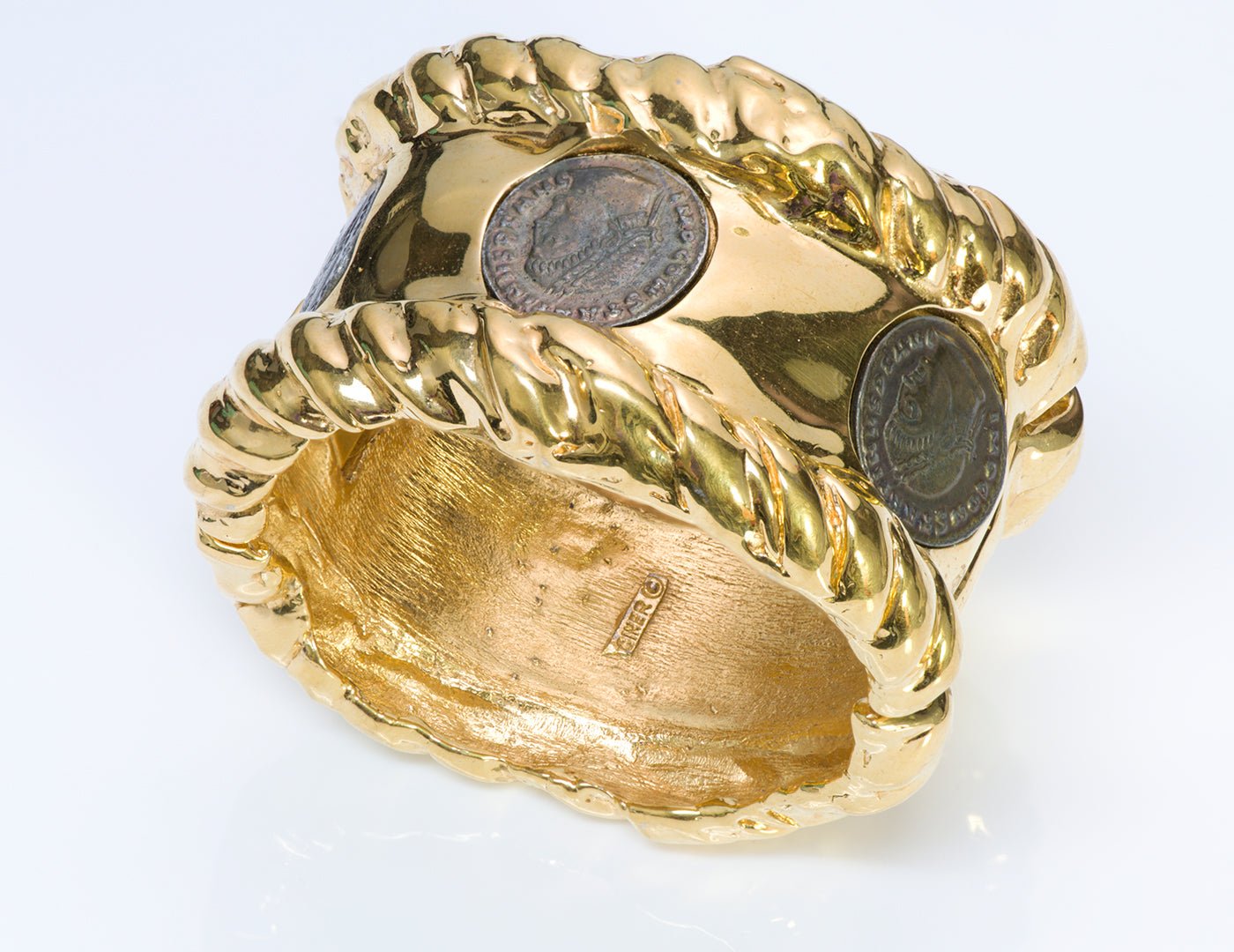 Ciner Wide Gold Tone Coin Bangle Bracelet