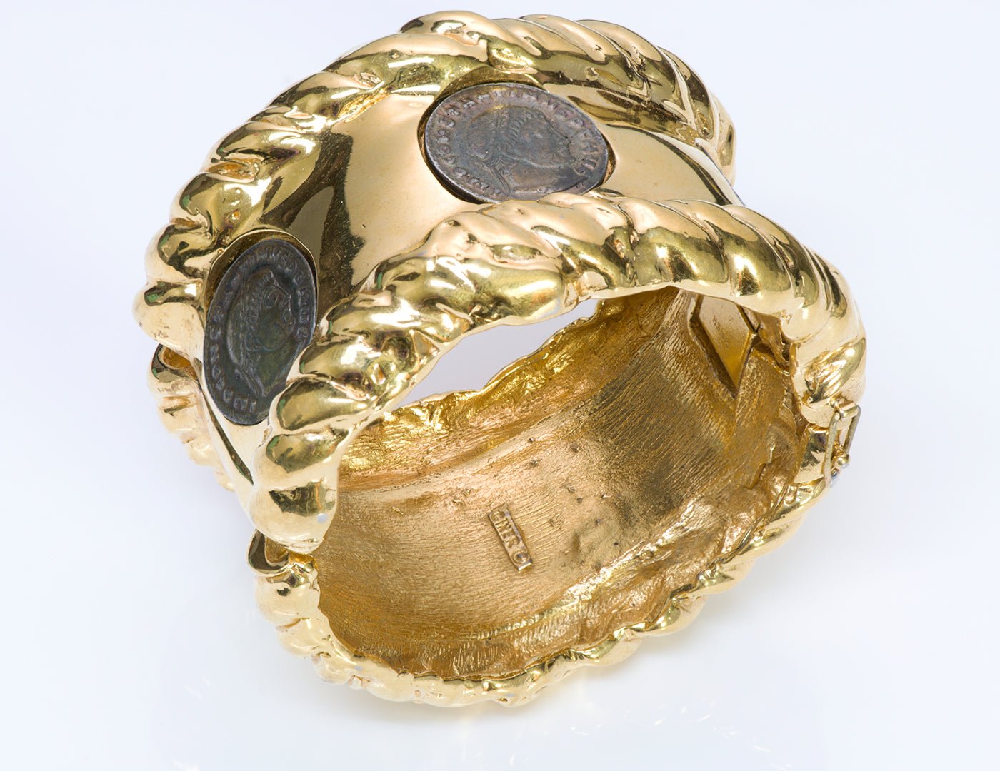 Ciner Wide Gold Tone Coin Bangle Bracelet