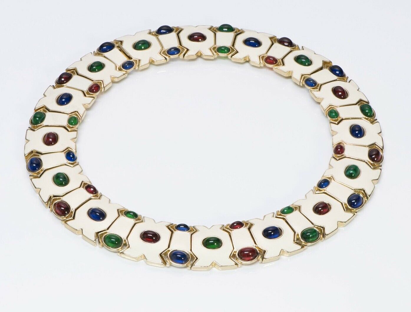 CINER Wide White Enamel Green Blue Red Cabochon Glass Collar Necklace - DSF Antique Jewelry
