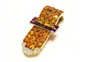 Exquisite 18K Gold Invisible-Set Citrine, Garnet, and Diamond Buckle Brooch