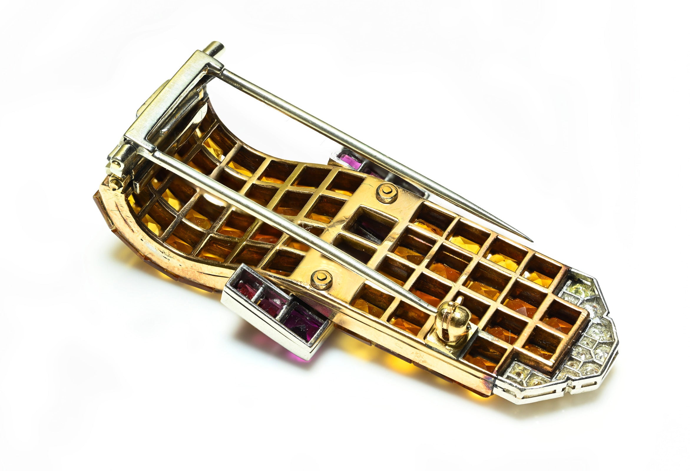 18K Gold Invisible-Set Citrine, Garnet, and Diamond Buckle Brooch