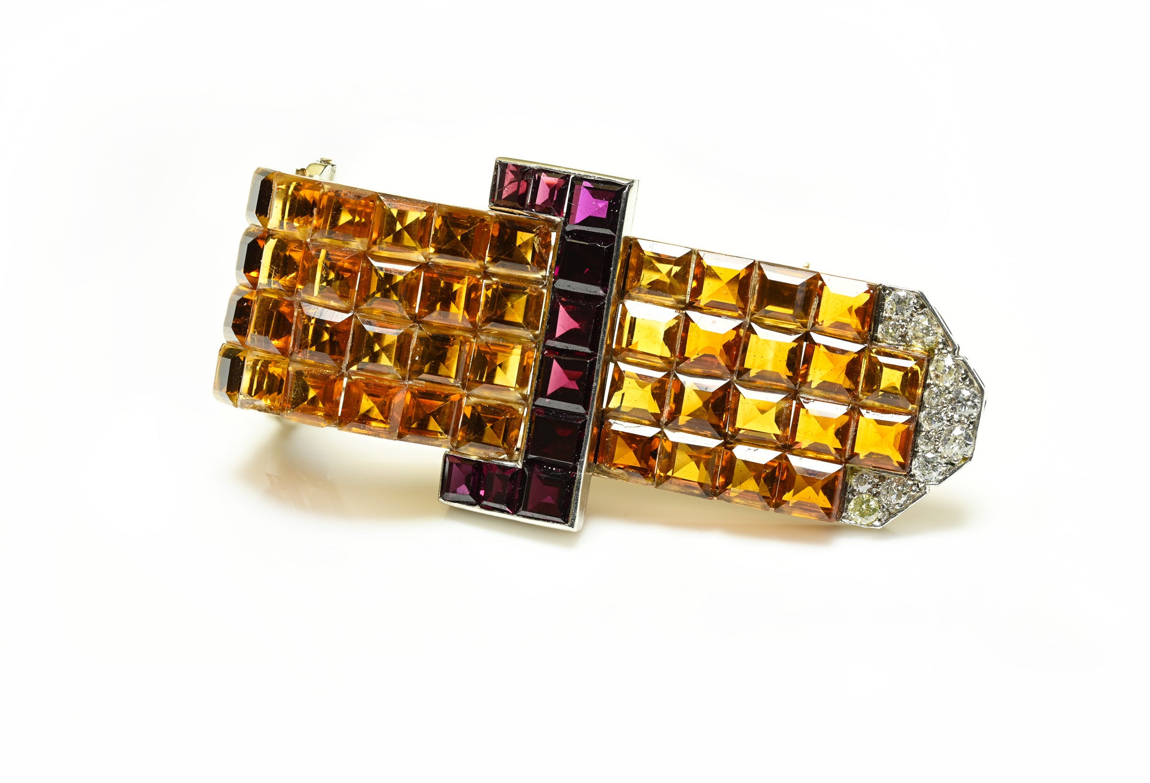 Invisible-Set Citrine, Garnet, and Diamond Buckle 18k Brooch