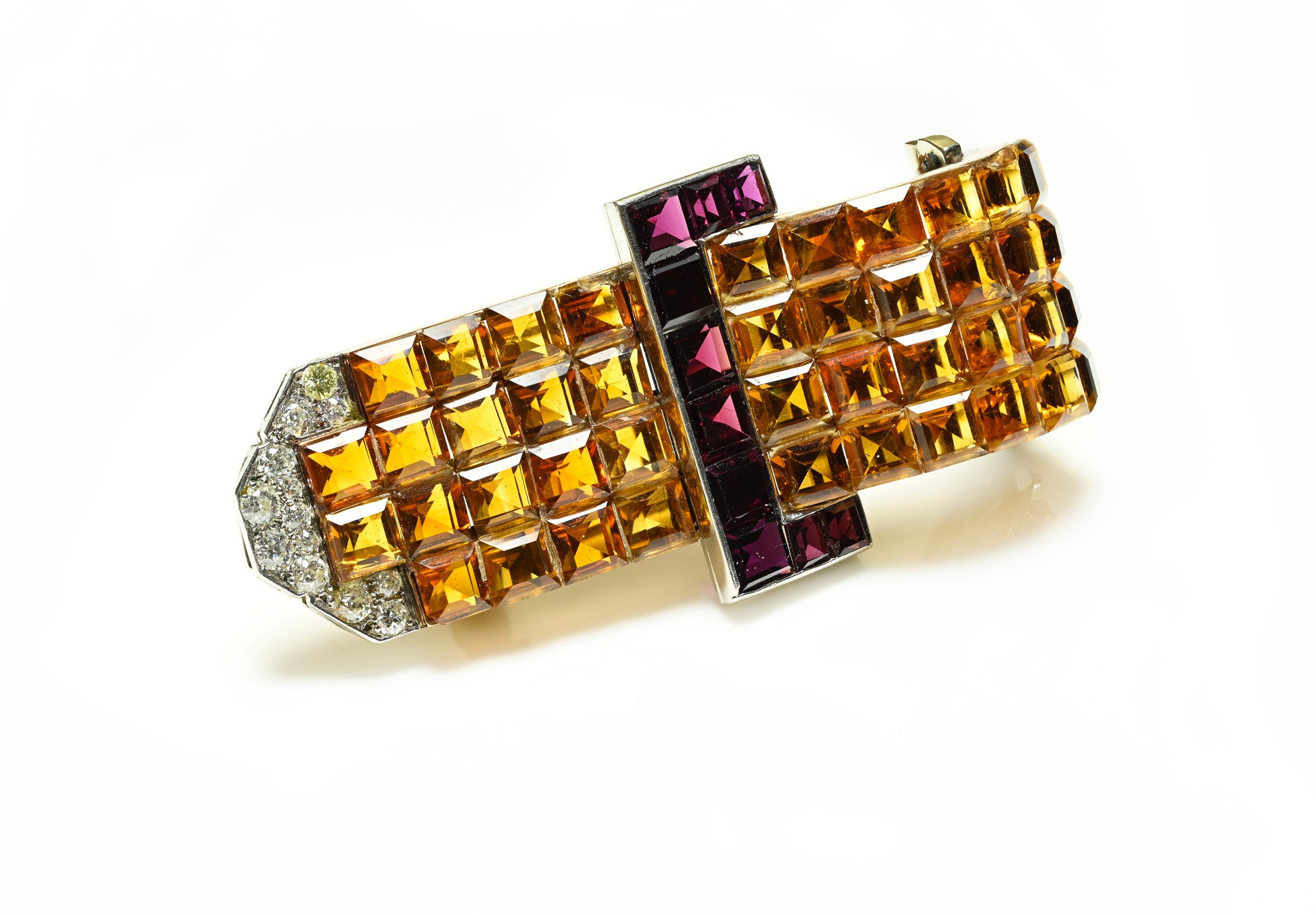 18K Gold Invisible-Set Citrine, Garnet Diamond Buckle Brooch