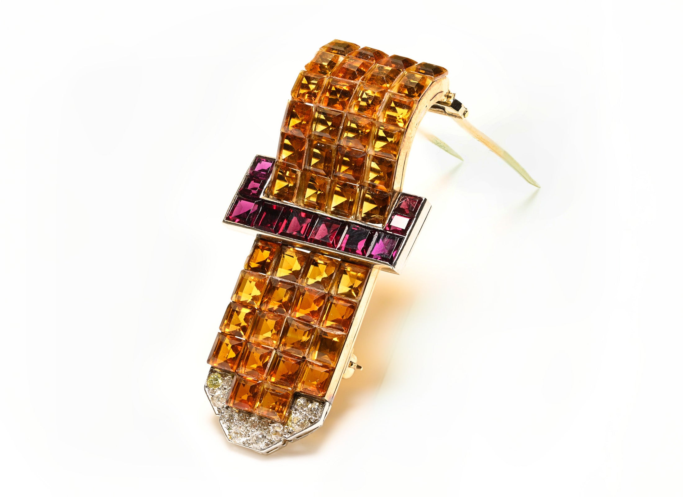 18K Gold Invisible-Set Citrine, Garnet, and Diamond Buckle Brooch