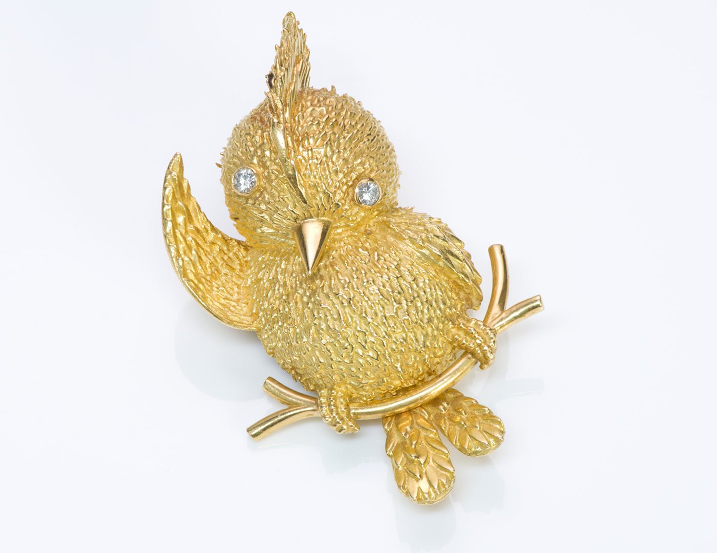 Civanyan Paris 18K Gold Diamond Tufted Titmouse Bird Brooch Pin