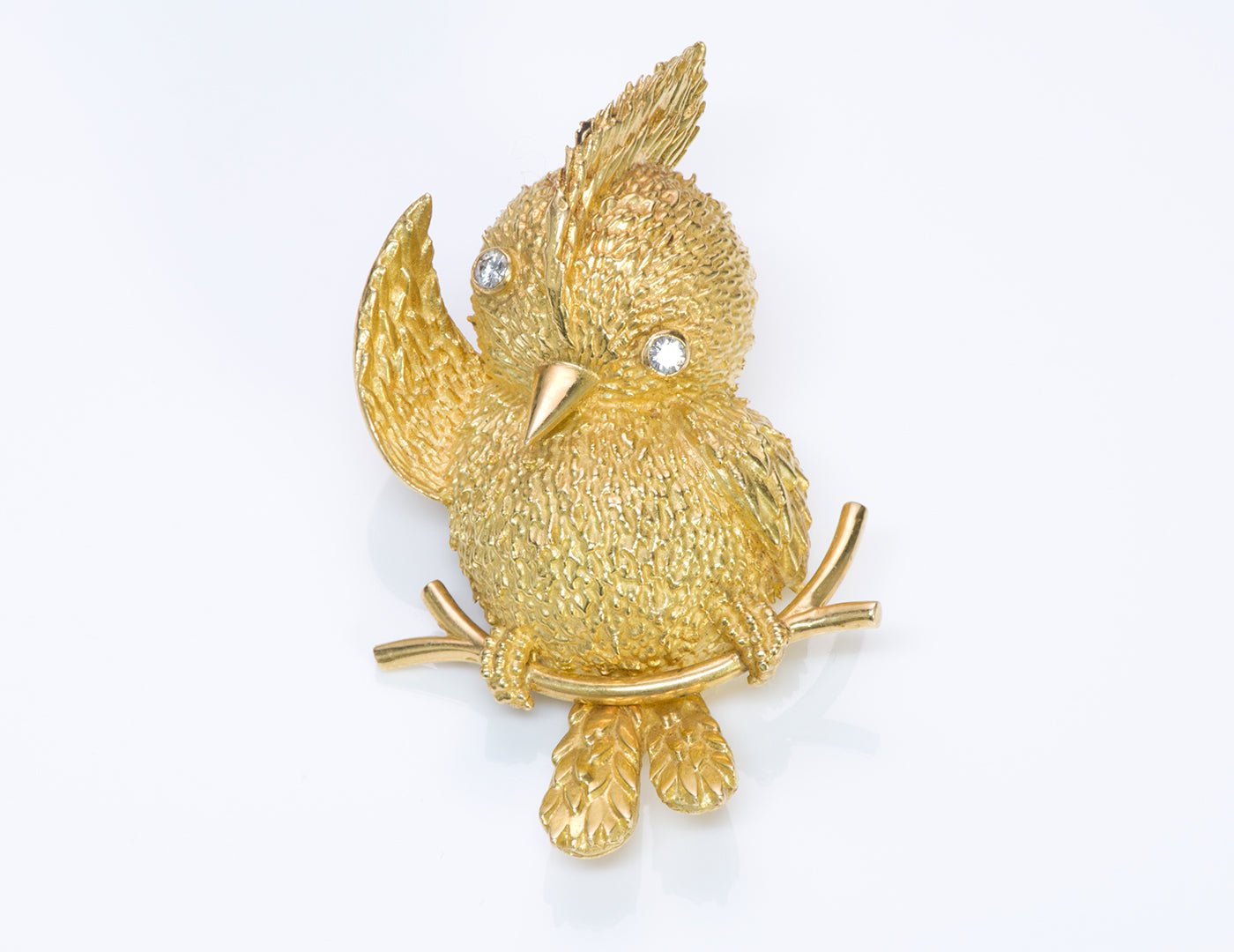Civanyan Paris 18K Gold Diamond Tufted Titmouse Bird Brooch Pin