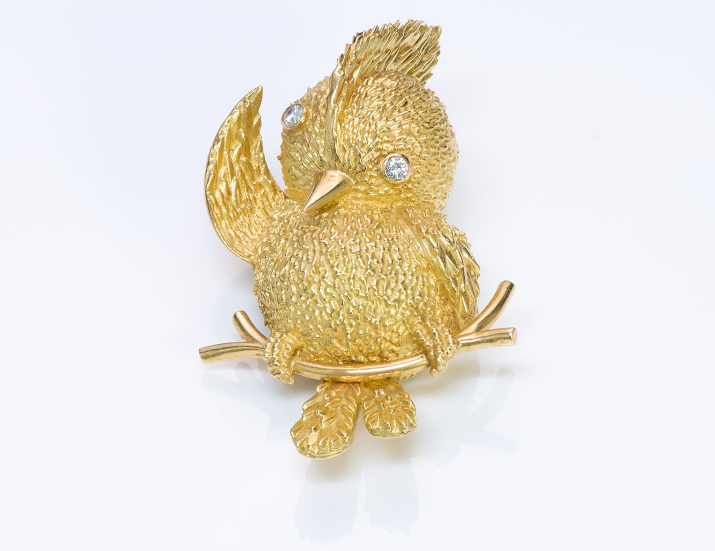 Civanyan Paris 18K Gold Diamond Tufted Titmouse Bird Brooch Pin - DSF Antique Jewelry