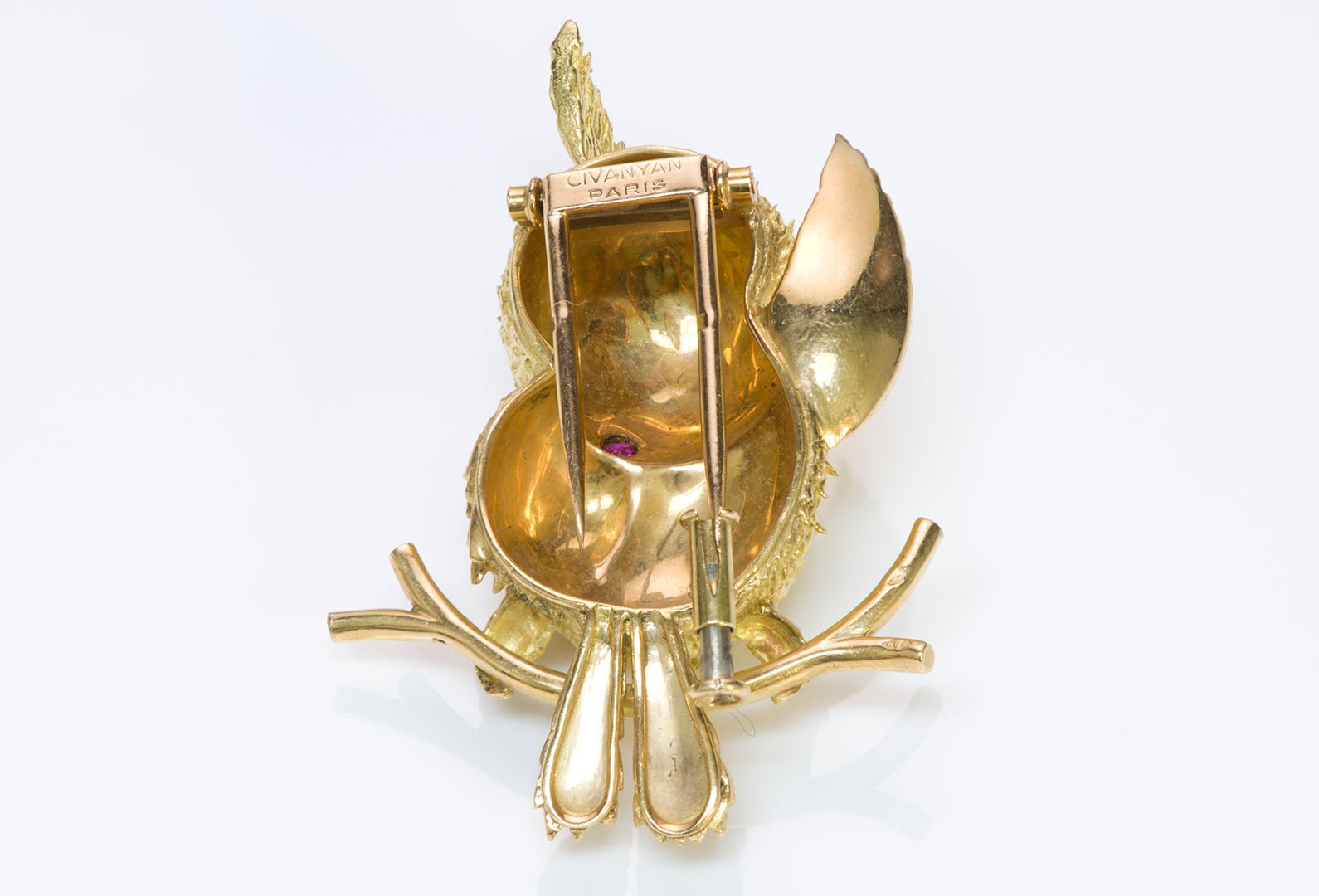 Civanyan Paris 18K Gold Ruby Tufted Titmouse Bird Brooch Pin