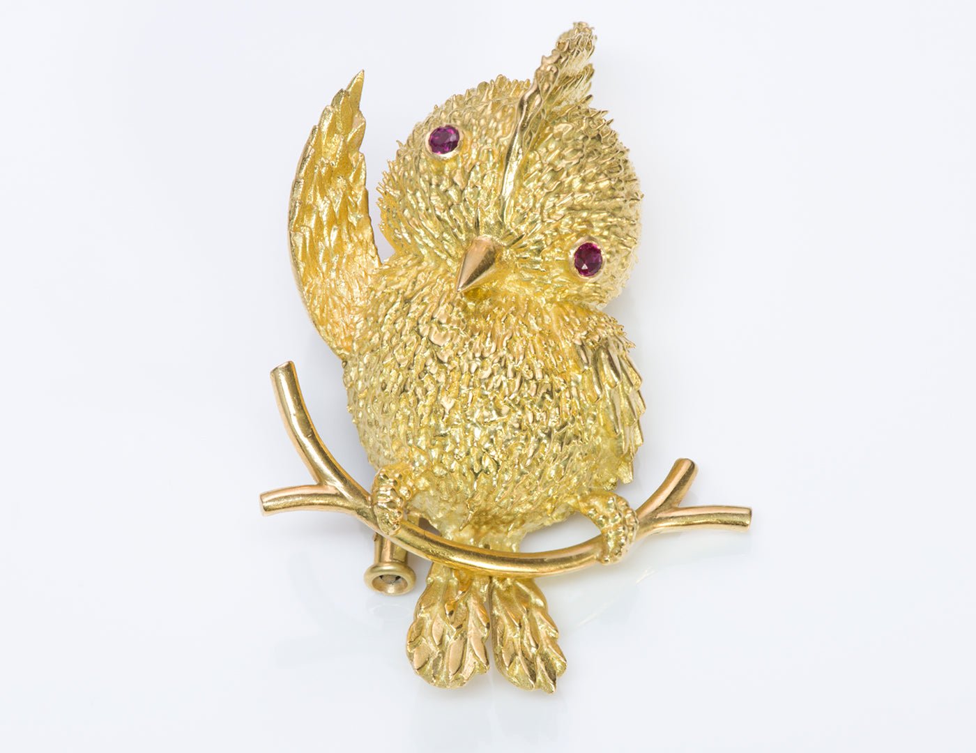 Civanyan Paris 18K Gold Ruby Tufted Titmouse Bird Brooch Pin - DSF Antique Jewelry