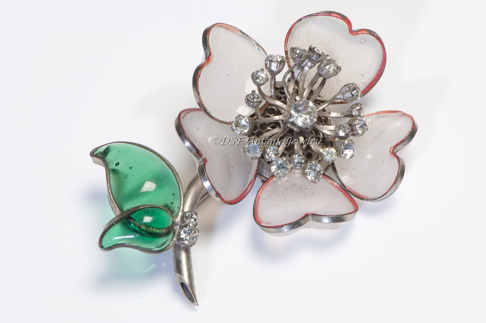 Coco Chanel 1930’s Gripoix Green White Glass Camellia Flower Brooch