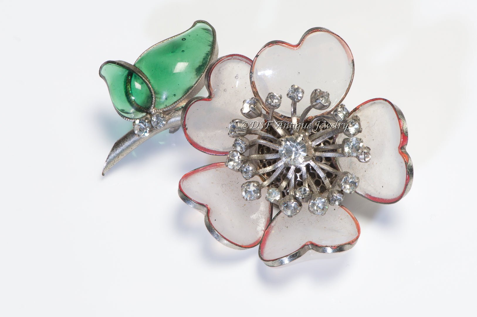 Coco Chanel 1930’s Gripoix Green White Glass Camellia Flower Brooch - DSF Antique Jewelry