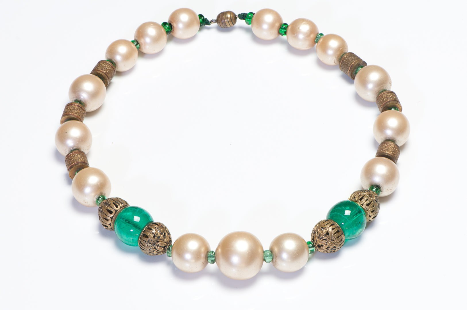 Coco Chanel 1950’s Maison Gripoix Green Glass Beads Pearl Collar Necklace - DSF Antique Jewelry