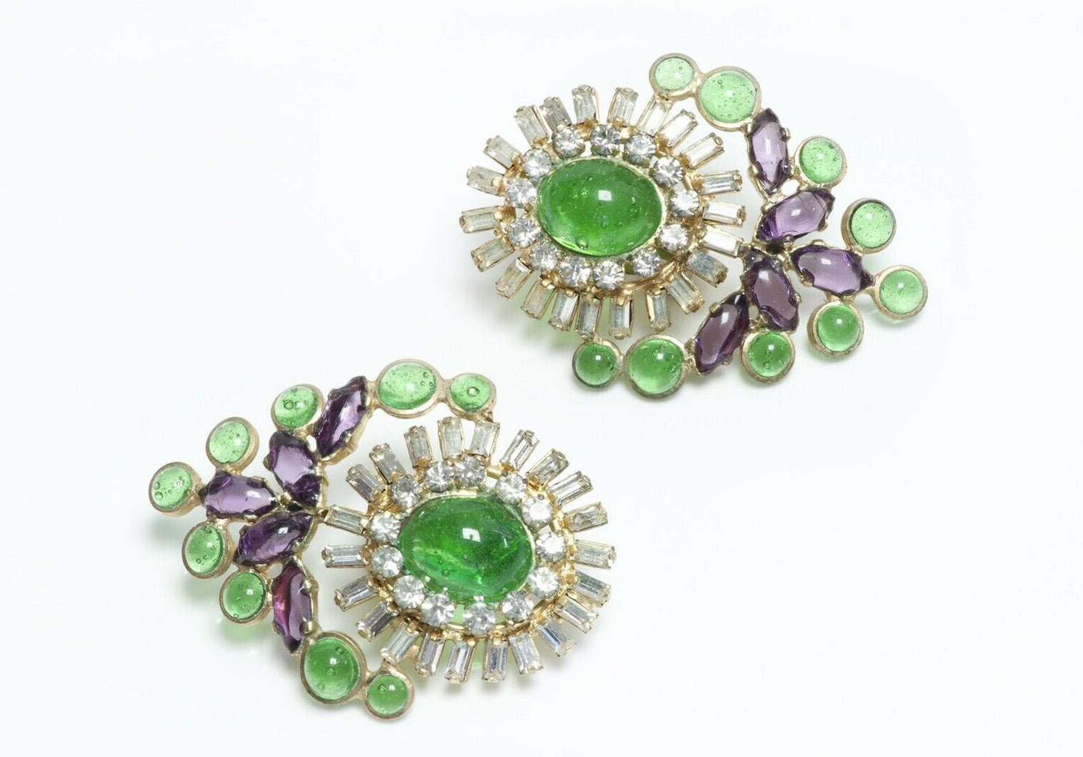 Coco CHANEL 1950’s Maison Gripoix Green Purple Cabochon Glass Crystal Earrings