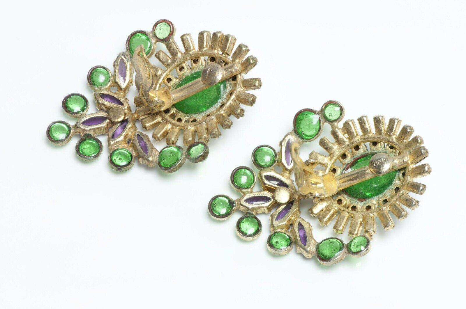 Coco CHANEL 1950’s Maison Gripoix Green Purple Cabochon Glass Crystal Earrings