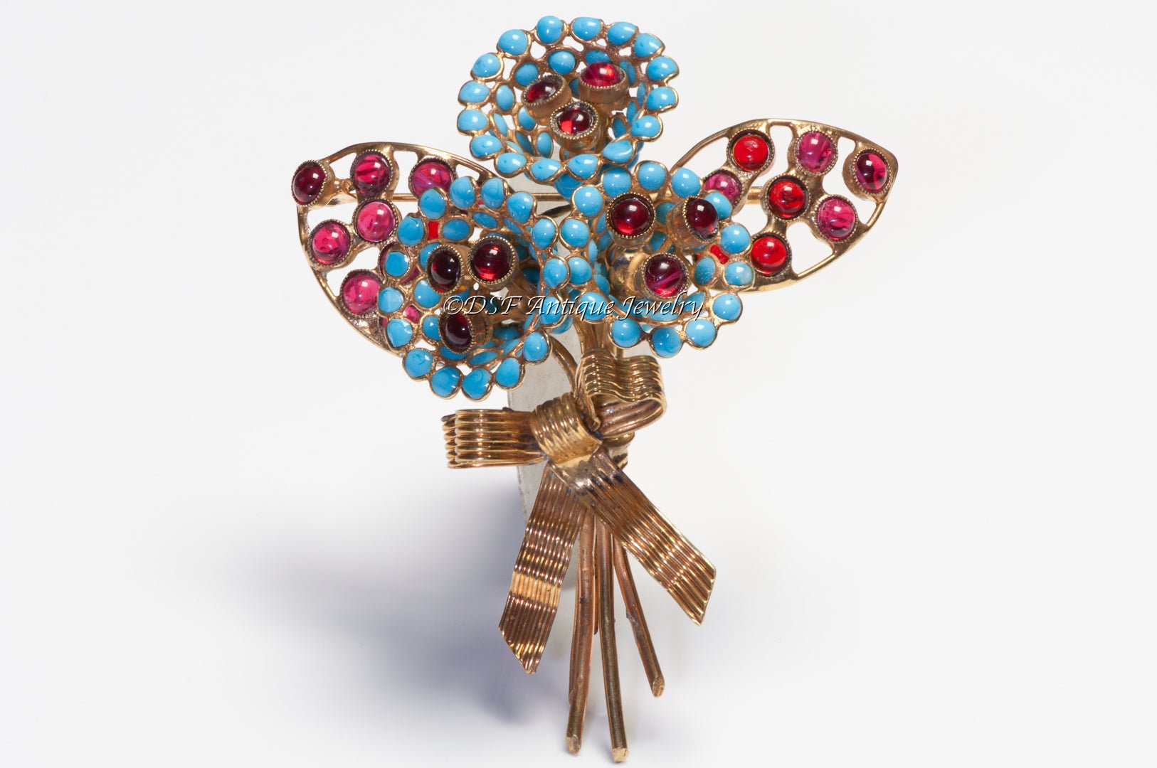 Coco Chanel Couture 1950’s Gripoix Blue Red Glass Bouquet of Flower Brooch
