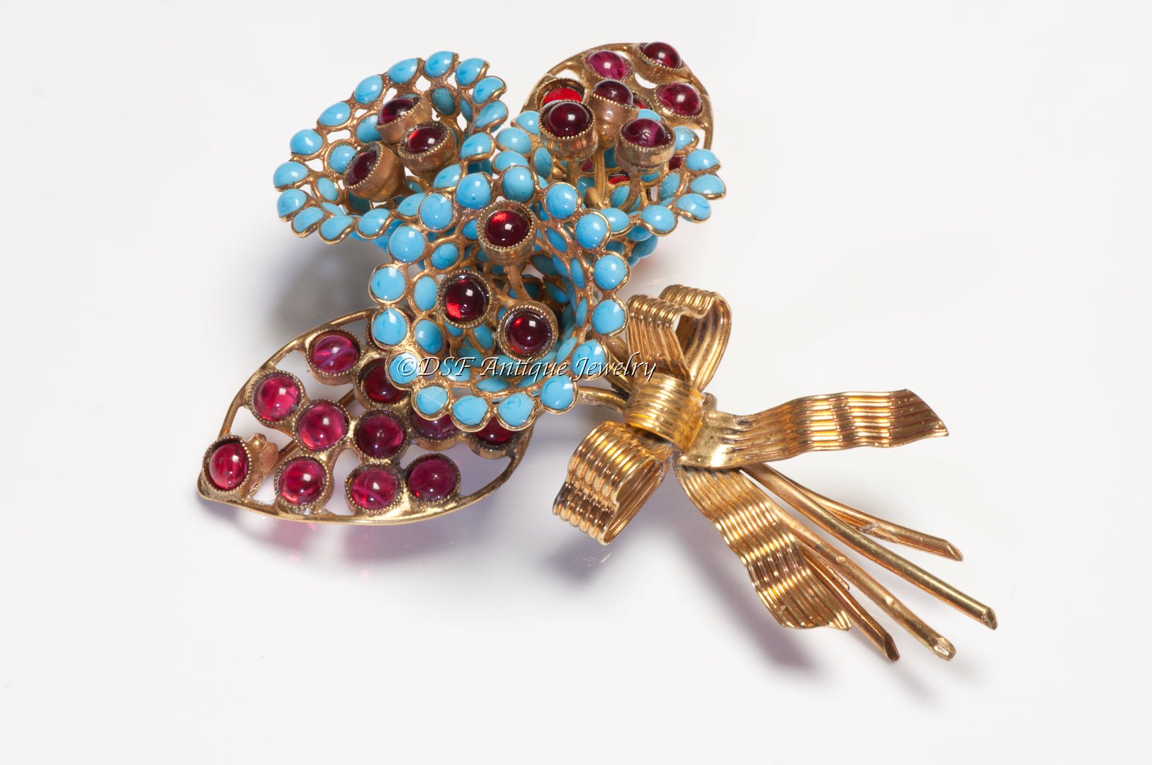 Coco Chanel Couture 1950’s Gripoix Blue Red Glass Bouquet of Flower Brooch