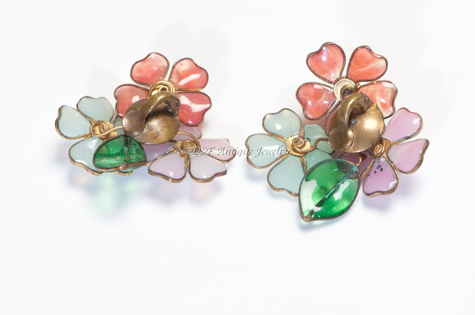 Coco Chanel Paris 1930’s Gripoix Pink Green Red Glass Camellia Flower Earrings - DSF Antique Jewelry