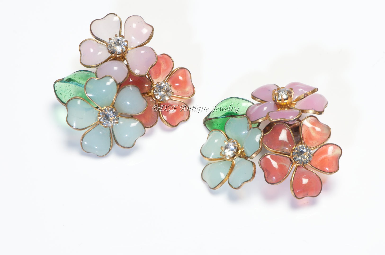 Coco Chanel Paris 1930’s Gripoix Pink Green Red Glass Camellia Flower Earrings