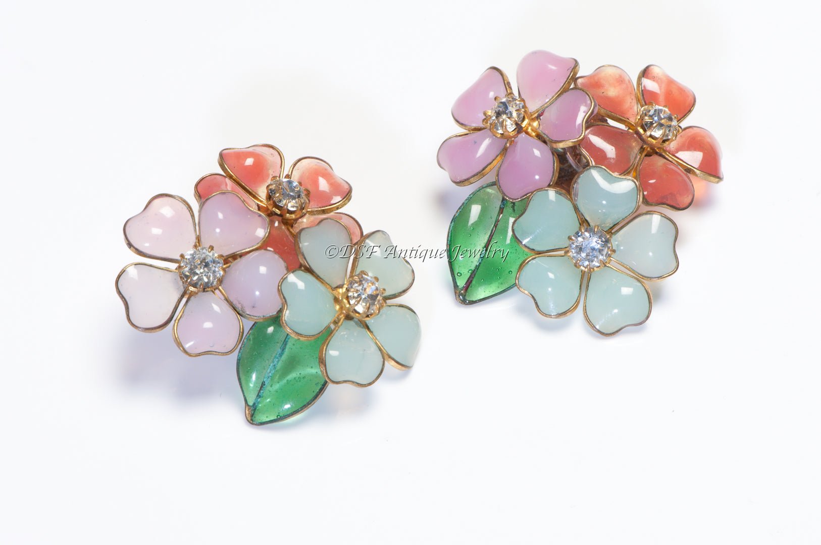 Coco Chanel Paris 1930’s Gripoix Pink Green Red Glass Camellia Flower Earrings