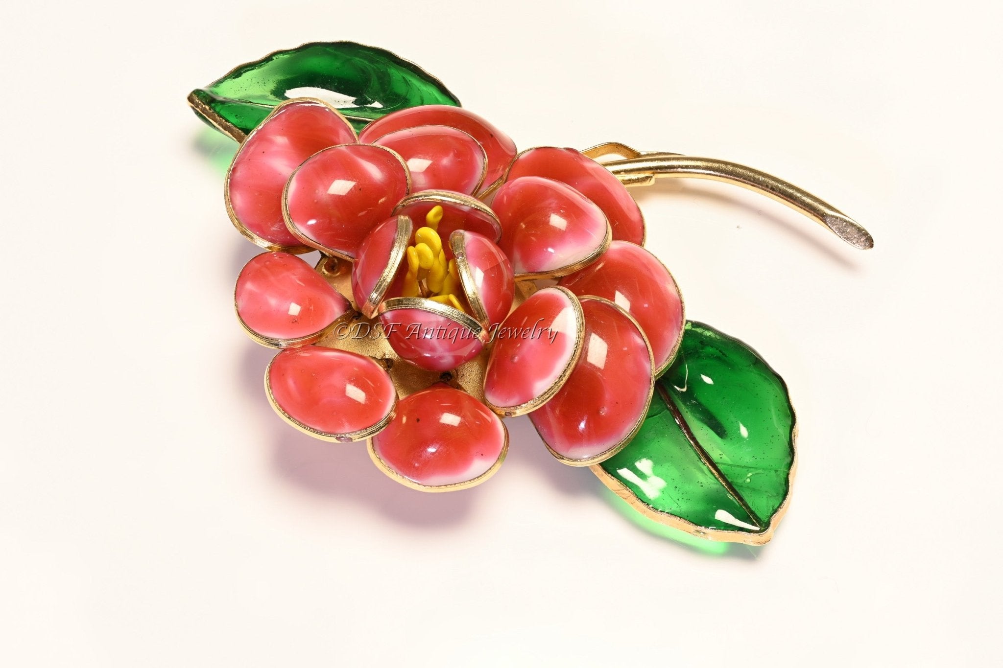 Coco Chanel Paris 1930’s Gripoix Red Green Poured Glass Camellia Flower Brooch
