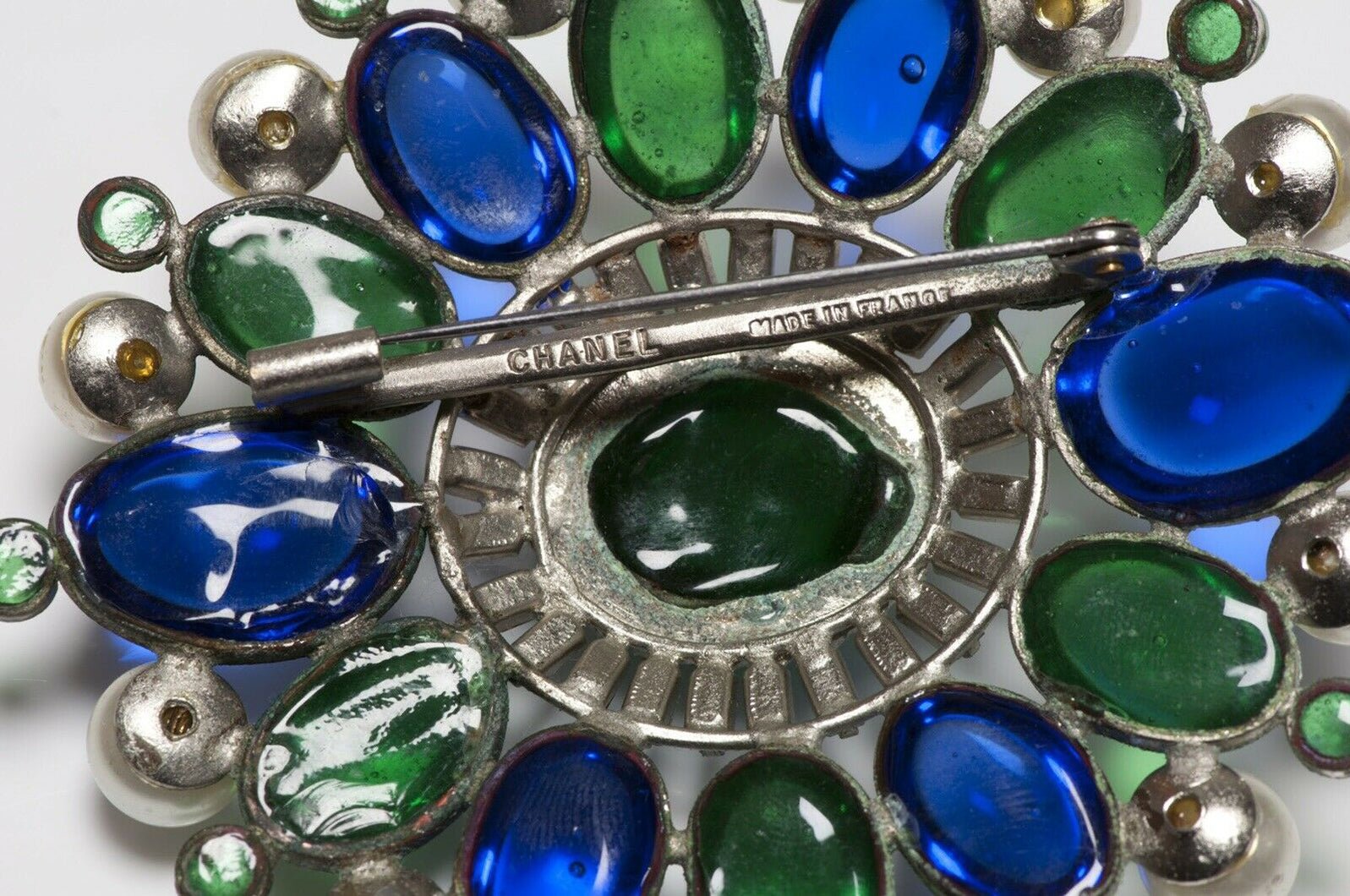 Coco CHANEL Paris 1950’s Gripoix Blue Green Glass Pearl Brooch - DSF Antique Jewelry