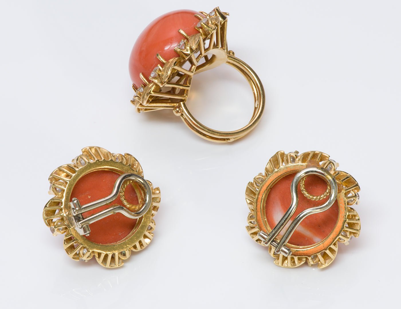 Coral Diamond 18K Gold Earrings Ring Set - DSF Antique Jewelry