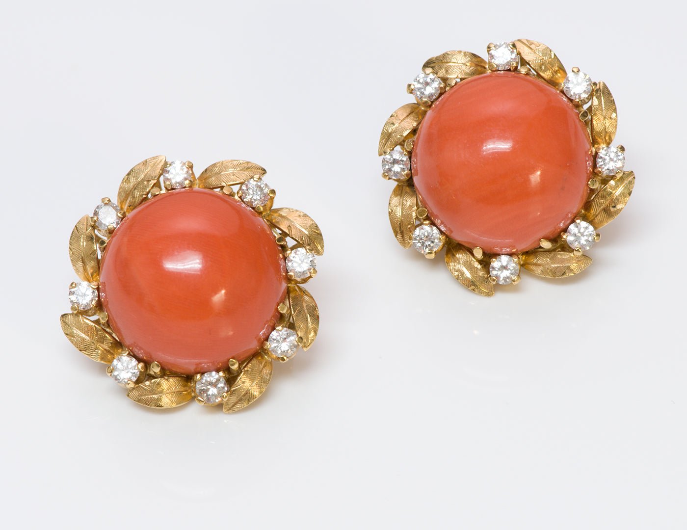 Coral Diamond 18K Gold Earrings Ring Set