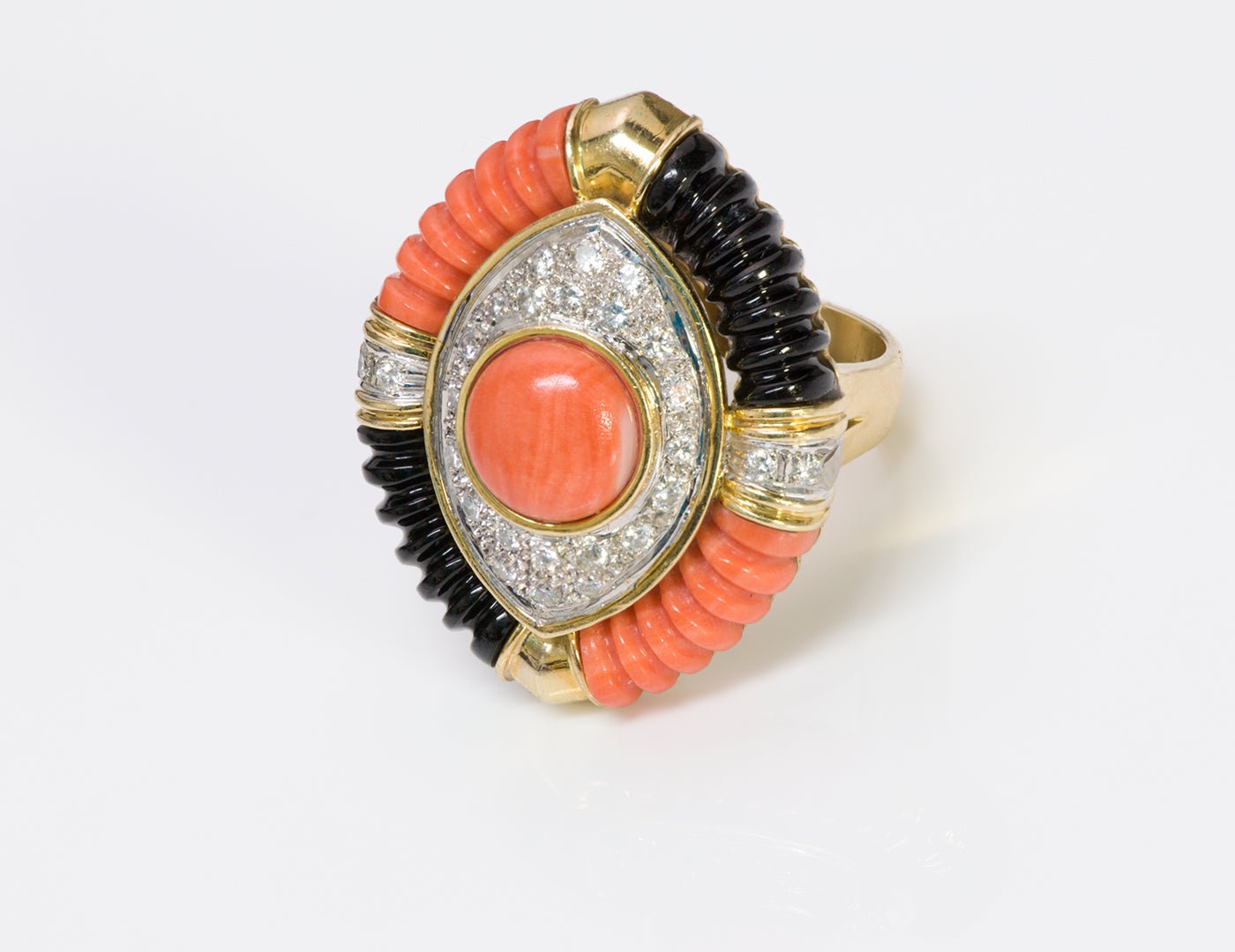 Coral Diamond Onyx 18K Gold Cocktail Ring