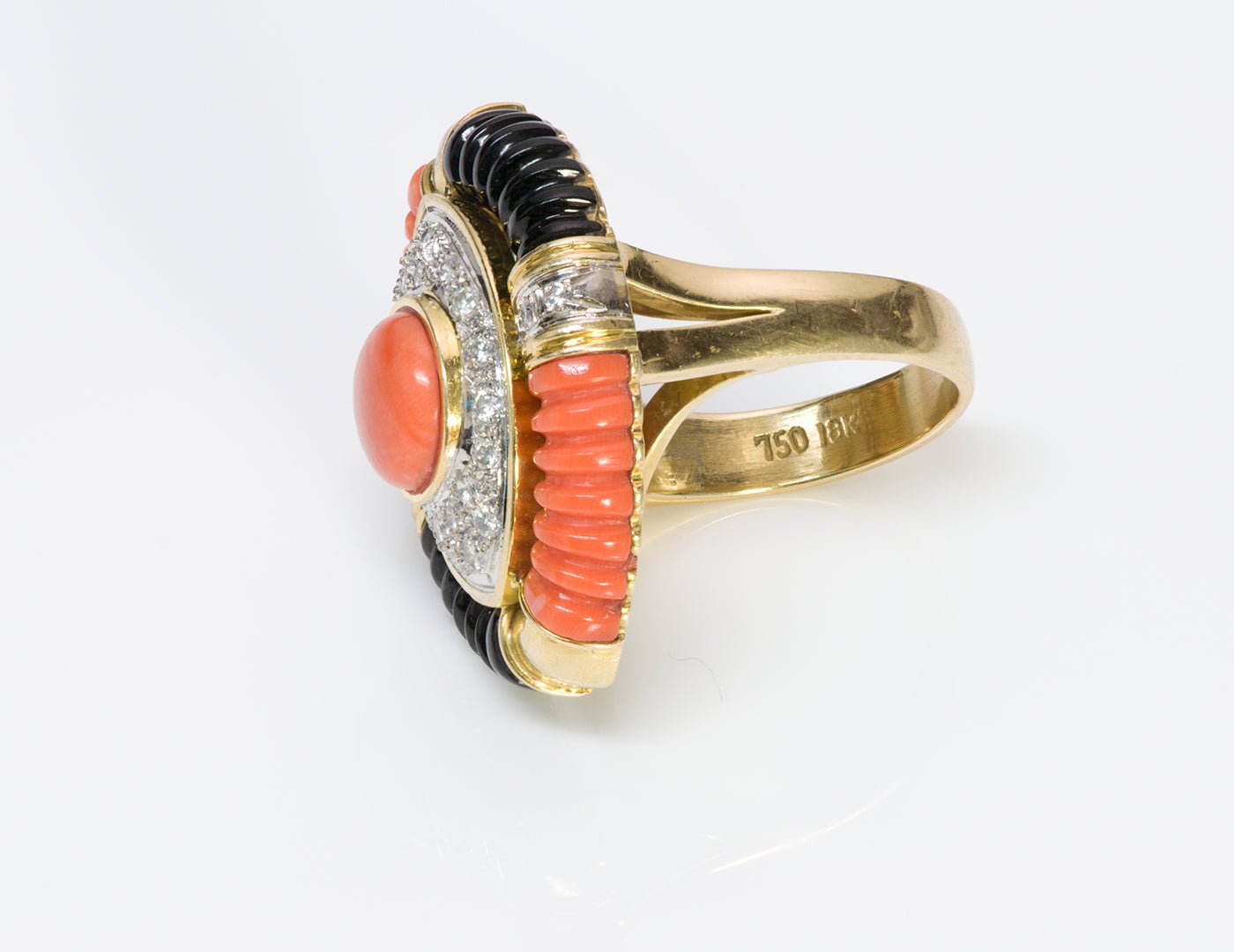 Coral Diamond Onyx 18K Gold Cocktail Ring