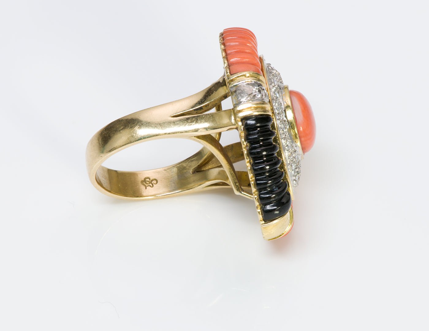 Coral Diamond Onyx 18K Gold Cocktail Ring - DSF Antique Jewelry