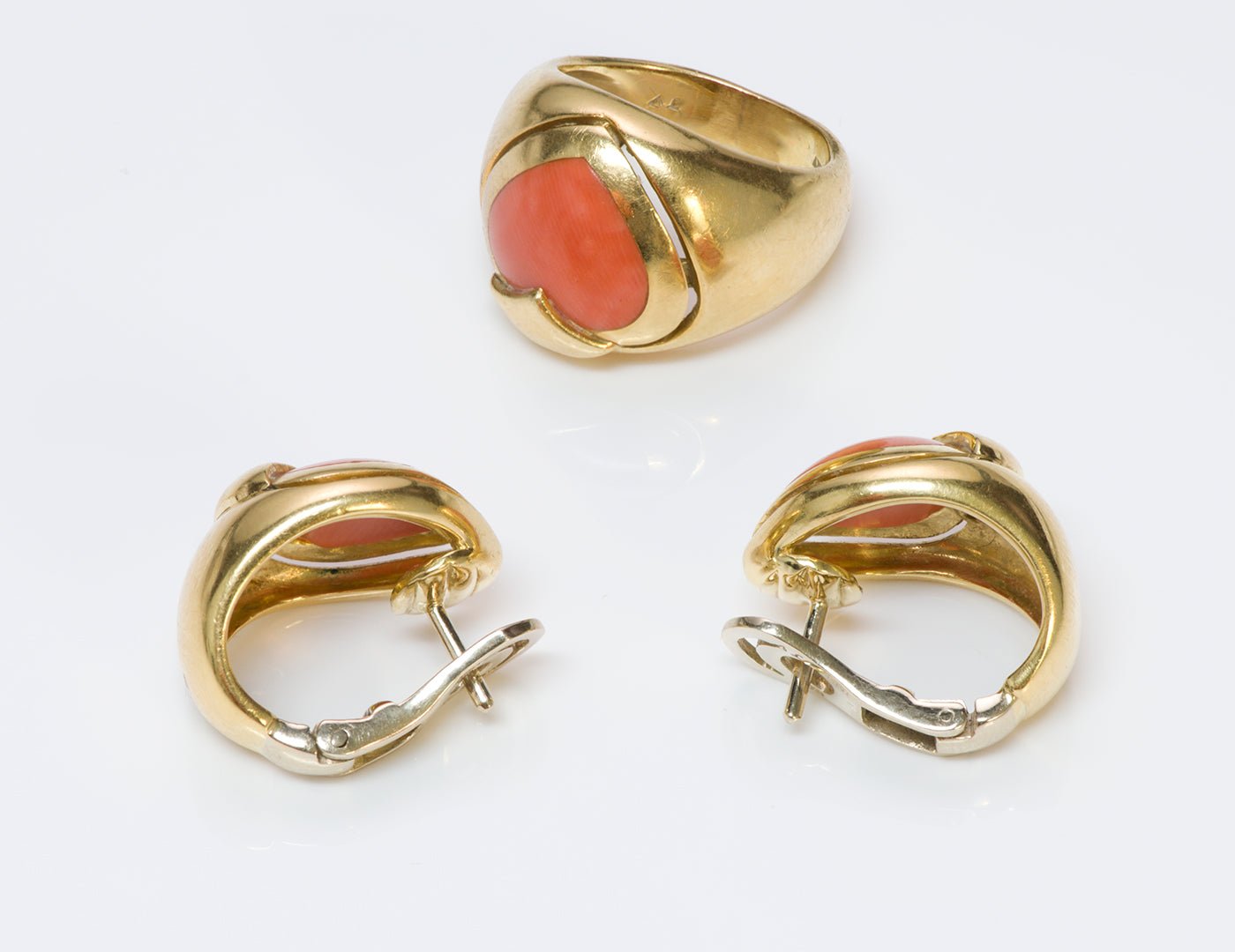 Coral Heart 18K Gold Ring Earrings Set - DSF Antique Jewelry