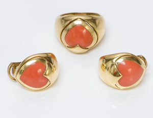 Vintage 18K Yellow Gold Coral Heart Ring and Earrings Set