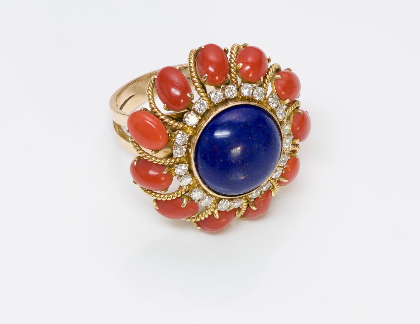 Coral Lapis Diamond 18K Gold Ring - DSF Antique Jewelry