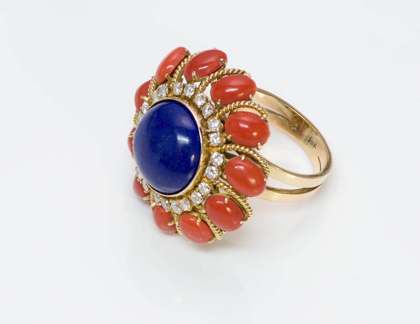 Coral Lapis Diamond 18K Gold Ring - DSF Antique Jewelry