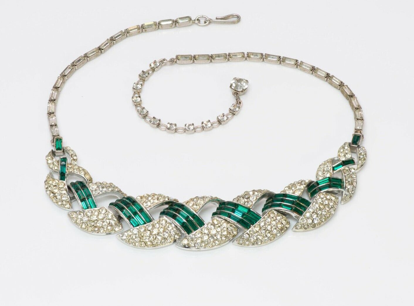 CORO 1940’s Green Crystal Necklace Bracelet Brooch Earrings Set