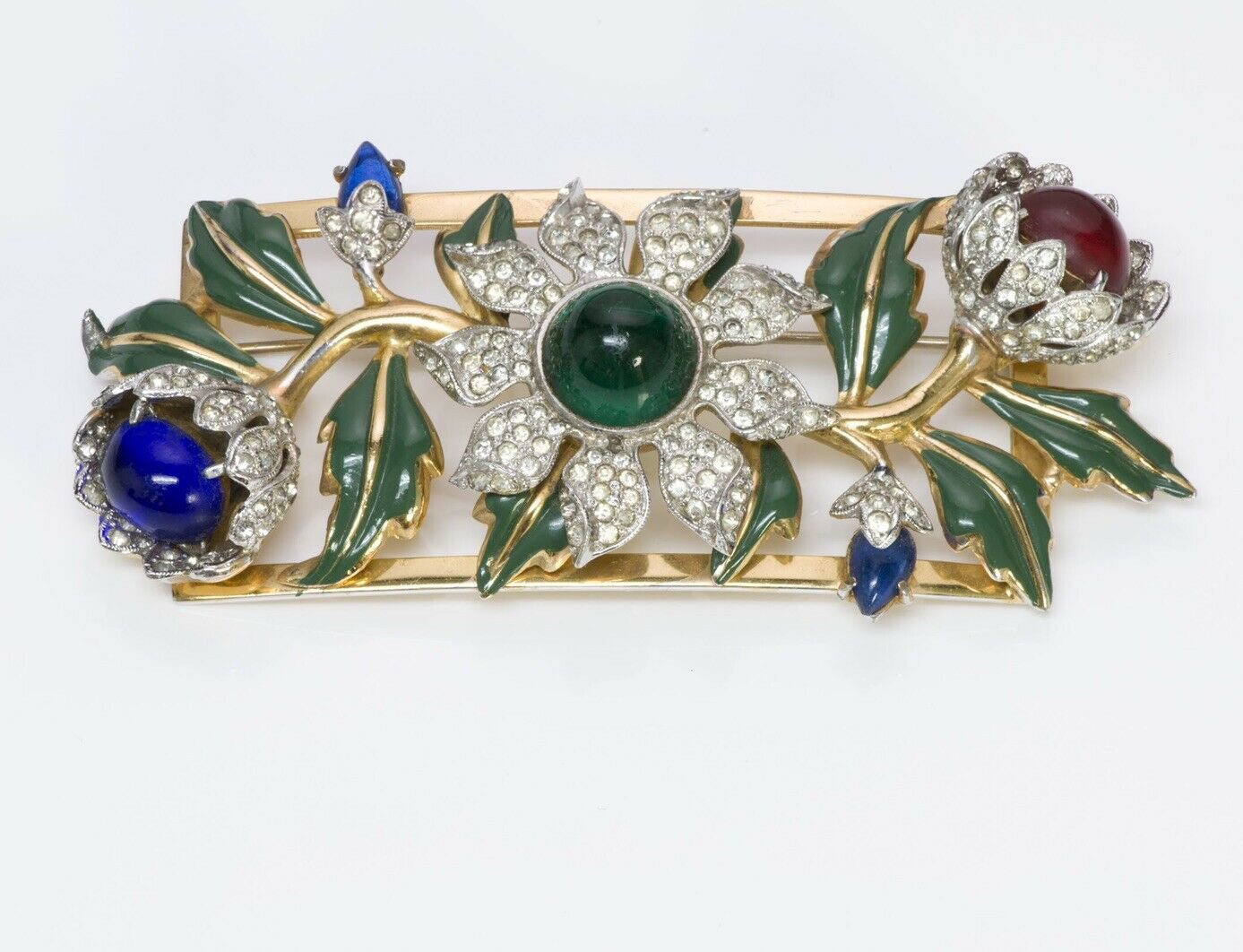 Coro Craft 1939 Adolph Katz Carmen Miranda Camellia Glass Brooch - DSF Antique Jewelry
