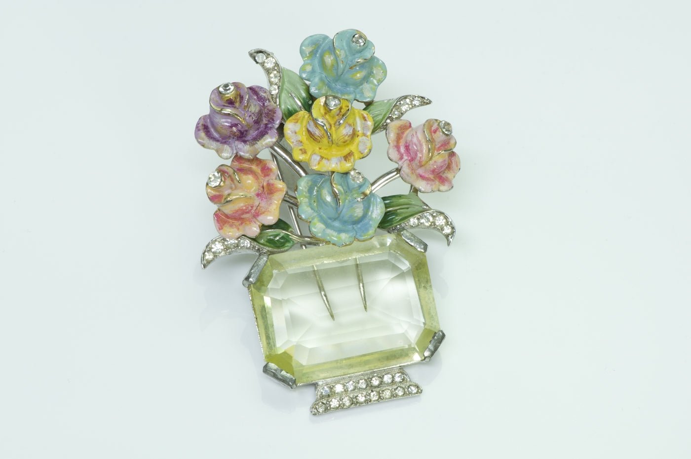 Coro Enamel Crystal Flower Brooch - DSF Antique Jewelry