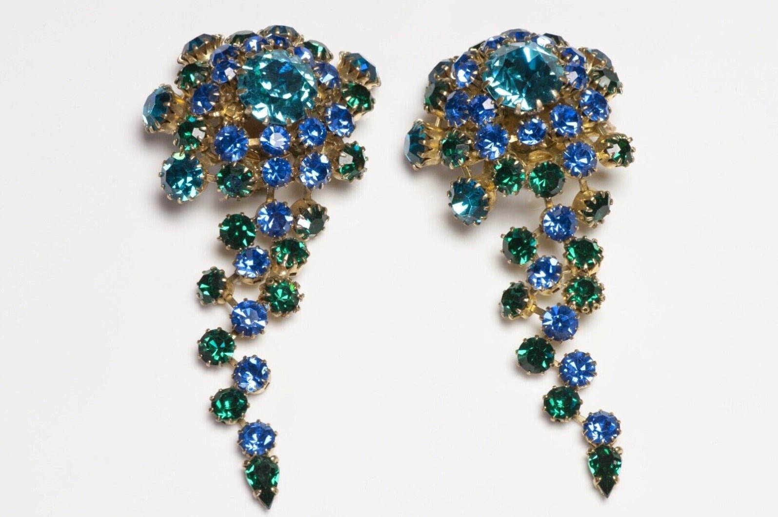 Countess Cissy Zoltowska CIS 1950’s Long Green Blue Crystal Earrings - DSF Antique Jewelry