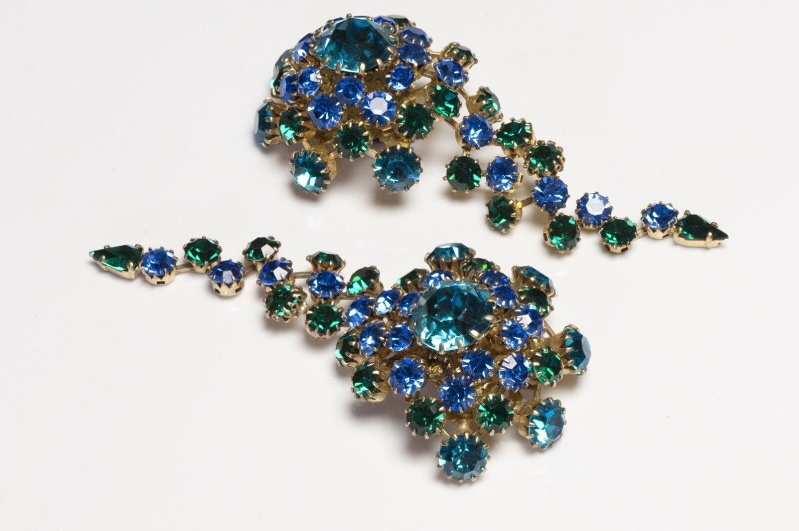 Countess Cissy Zoltowska CIS 1950’s Long Green Blue Crystal Earrings