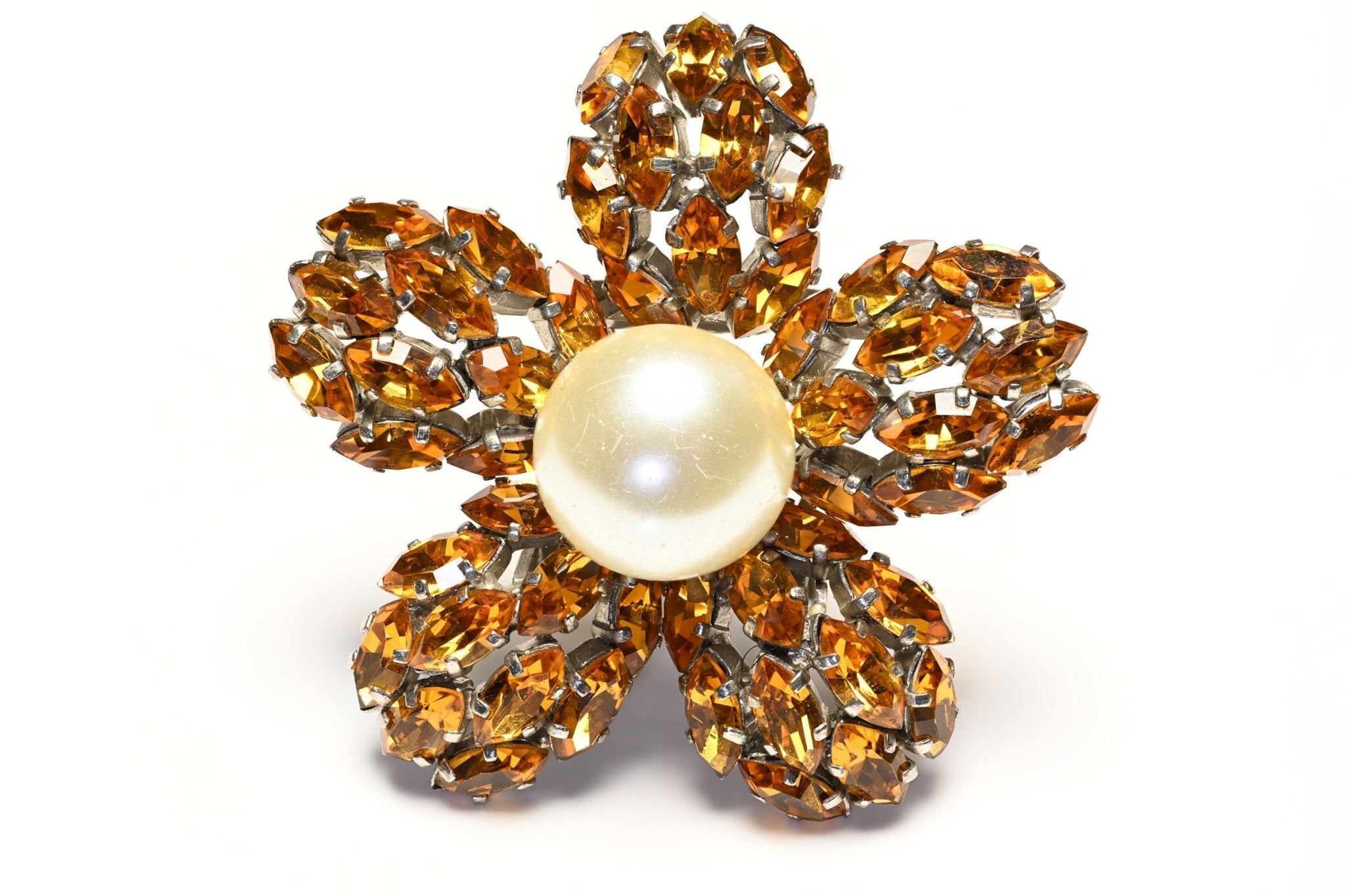 Cristobal Balenciaga by Roger Jean-Pierre Paris 1950's Brown Crystal Pearl Flower Brooch - DSF Antique Jewelry