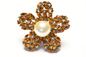 Cristobal Balenciaga by Roger Jean-Pierre Paris 1950's Brown Crystal Pearl Flower Brooch