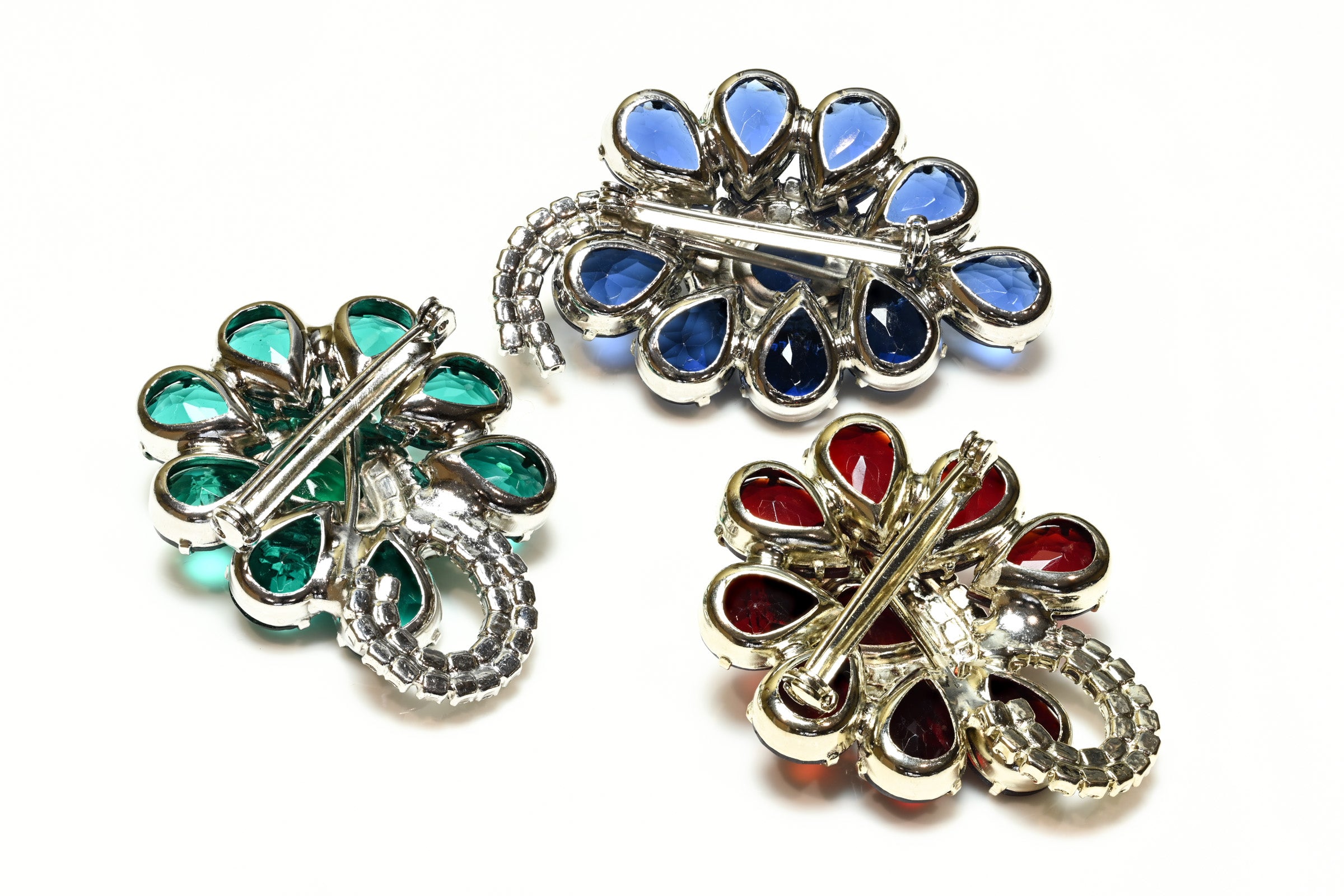 Vintage 1950's Red Blue Green Crystal Set of 3 Brooches 2