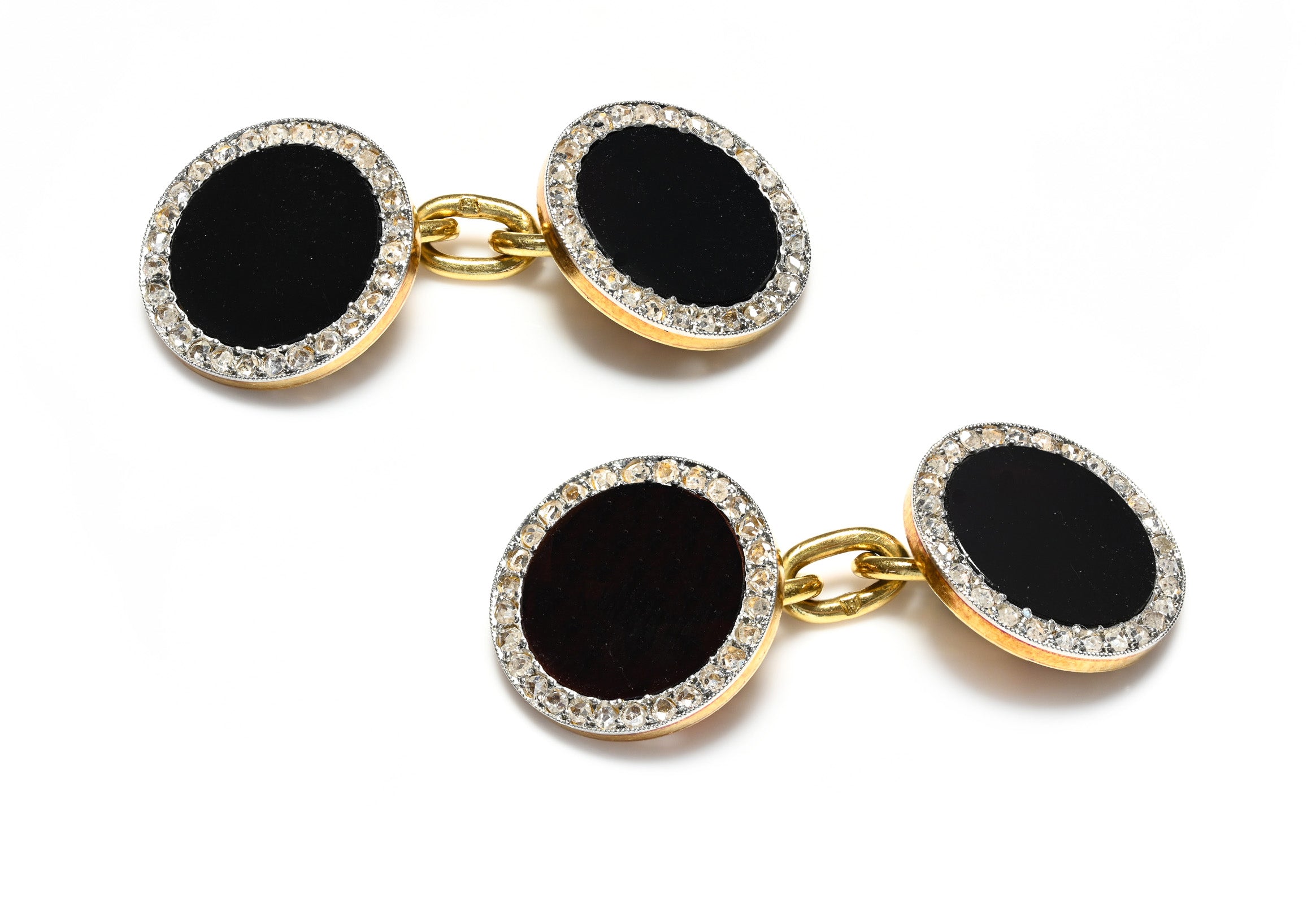 French Art Deco 18K Gold Cufflinks with Onyx and Diamonds