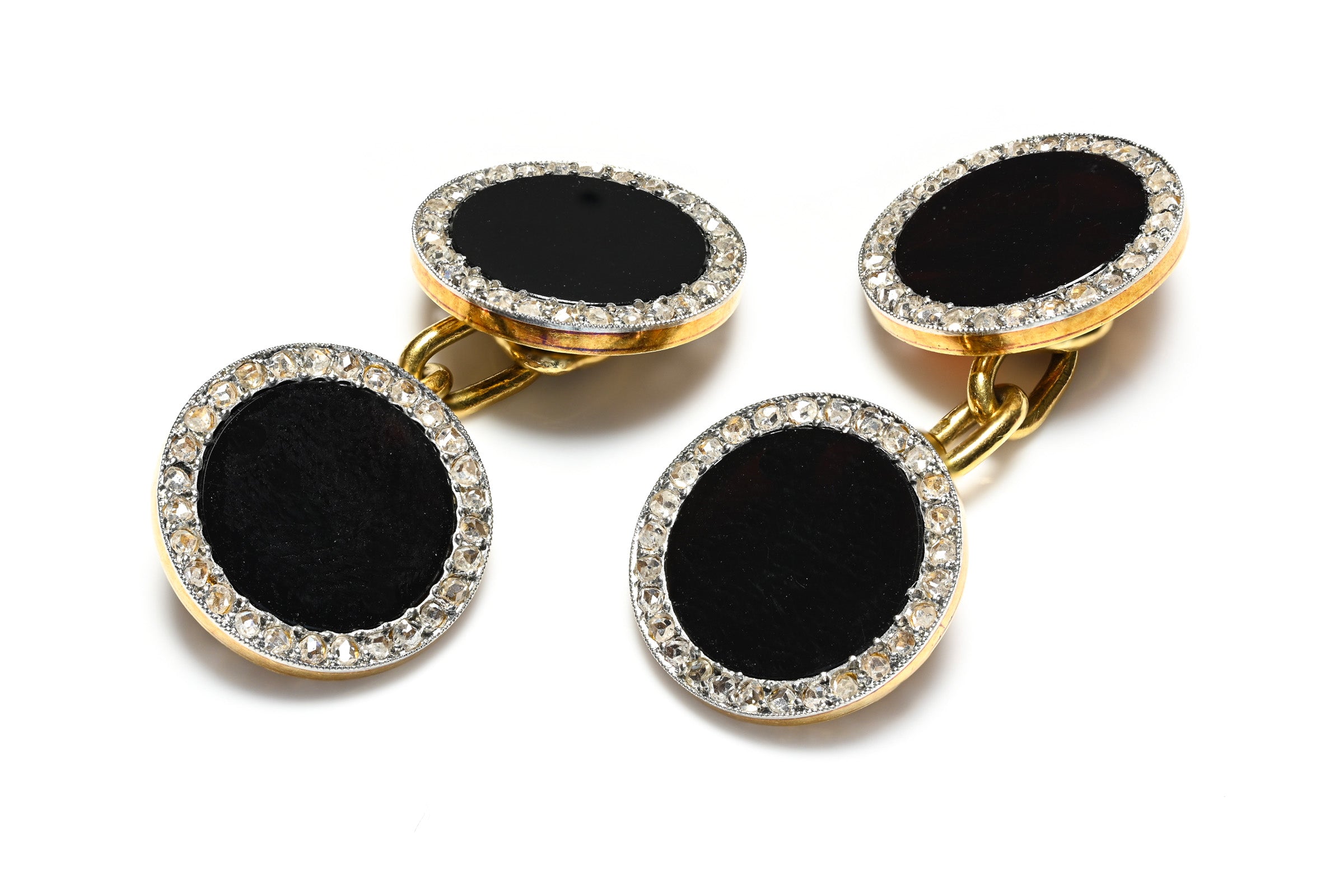 French Art Deco 18K Gold Cufflinks with Onyx and Diamonds