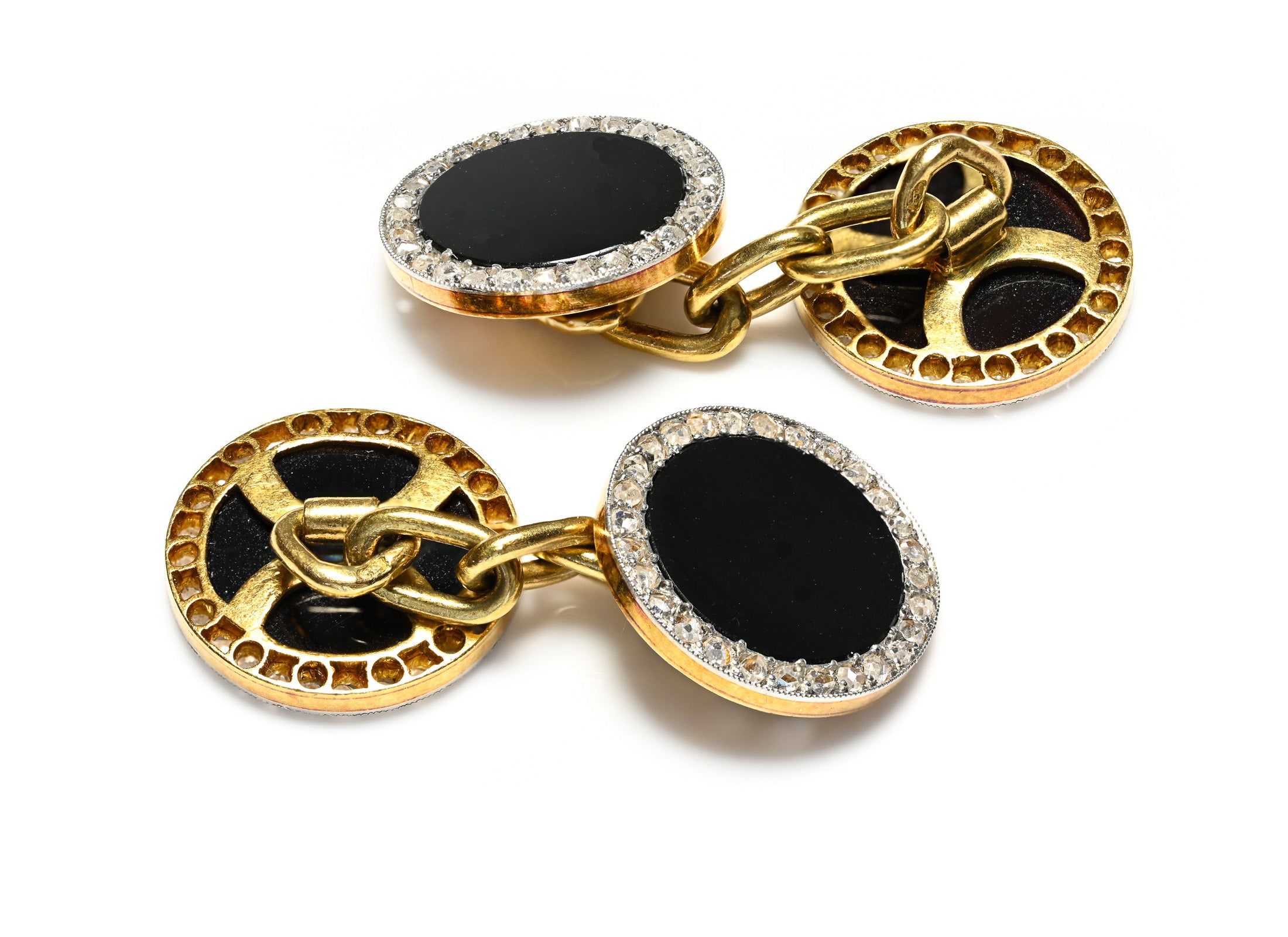 French Art Deco 18K Gold Cufflinks with Onyx and Diamonds