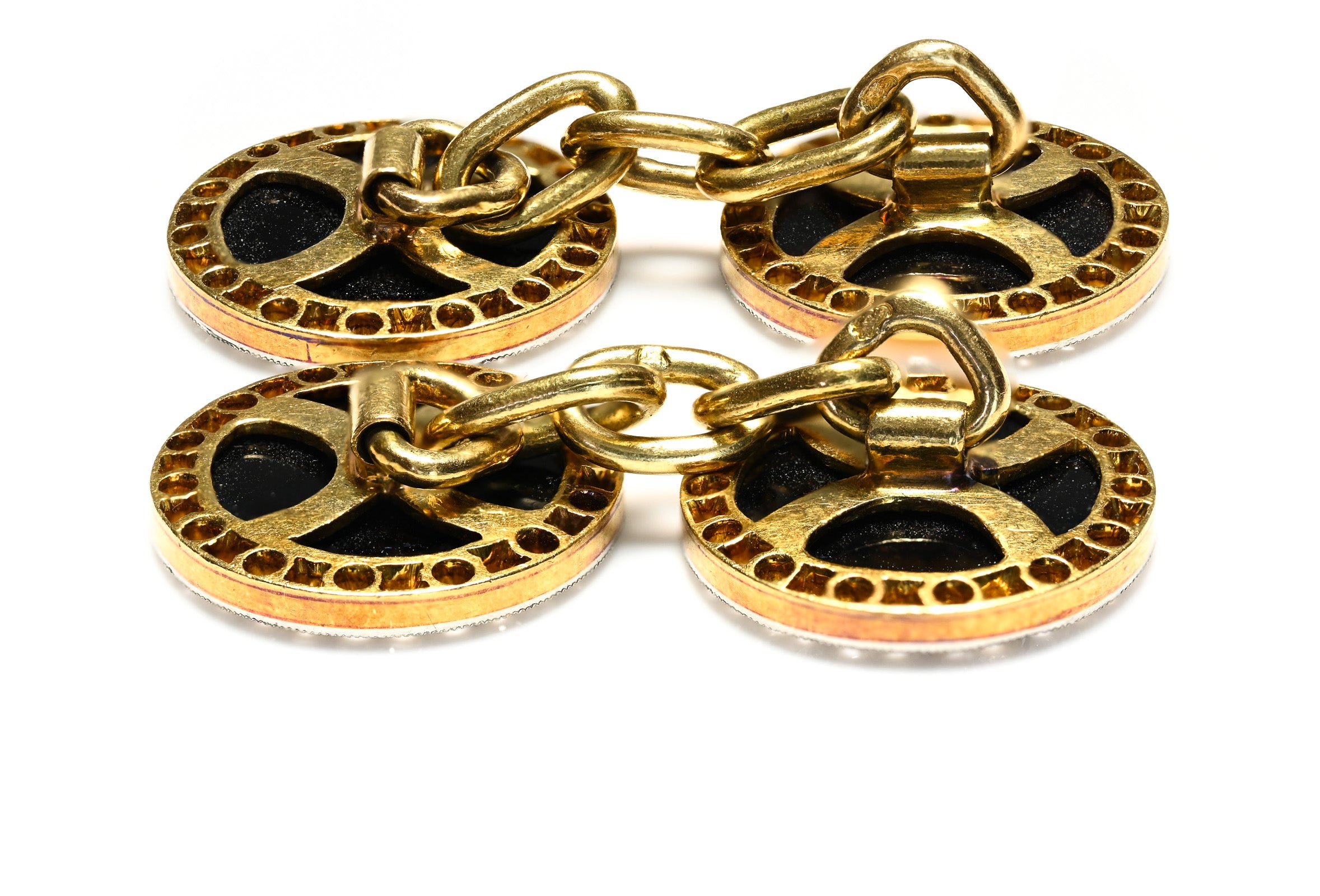 French Art Deco 18K Gold Cufflinks with Onyx and Diamonds