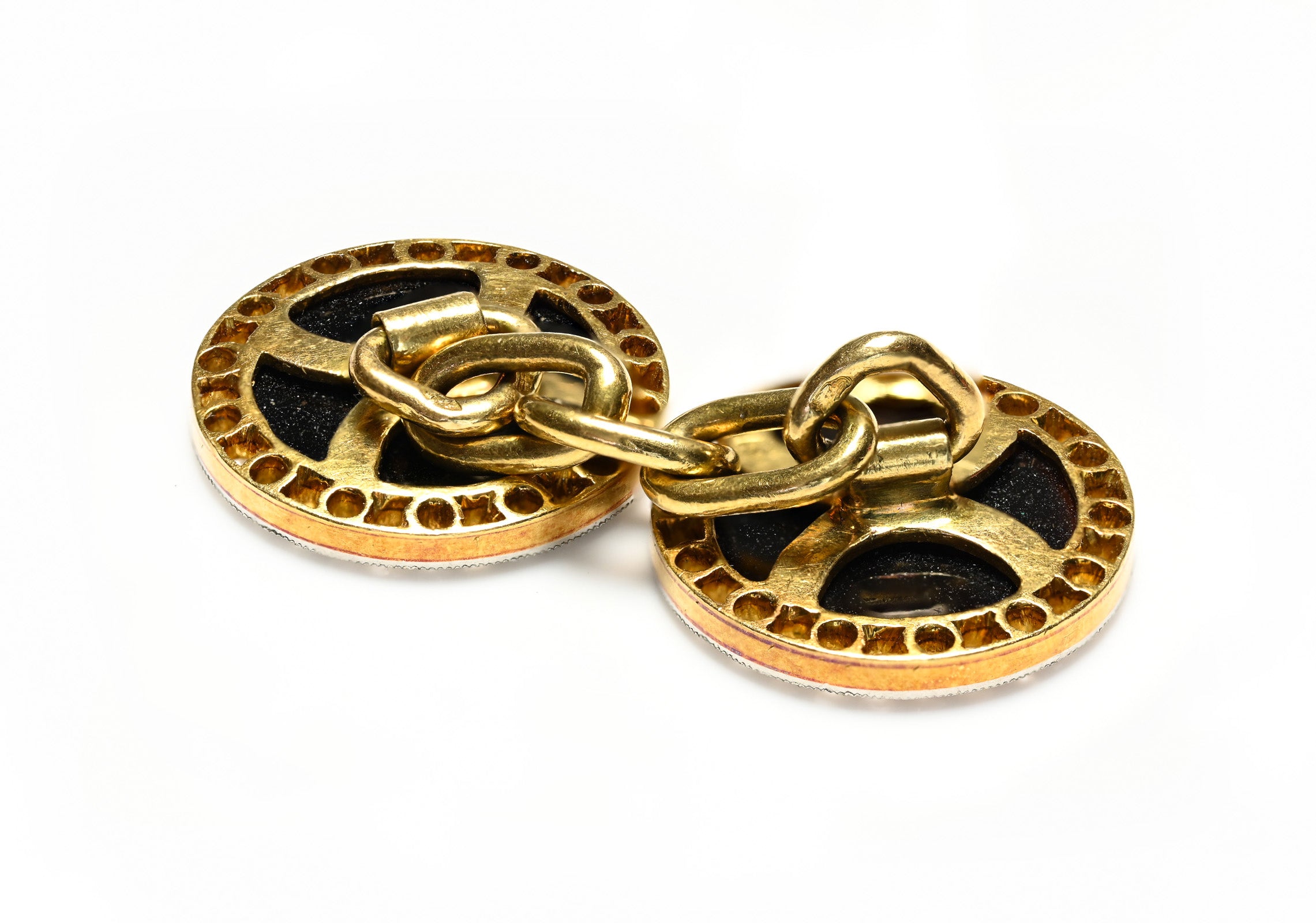 French Art Deco 18K Gold Cufflinks with Onyx and Diamonds